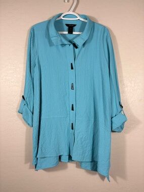 Ali Miles Top Womens Large Blue Tunic Button Up Crinkle Stand Ruffle Collar